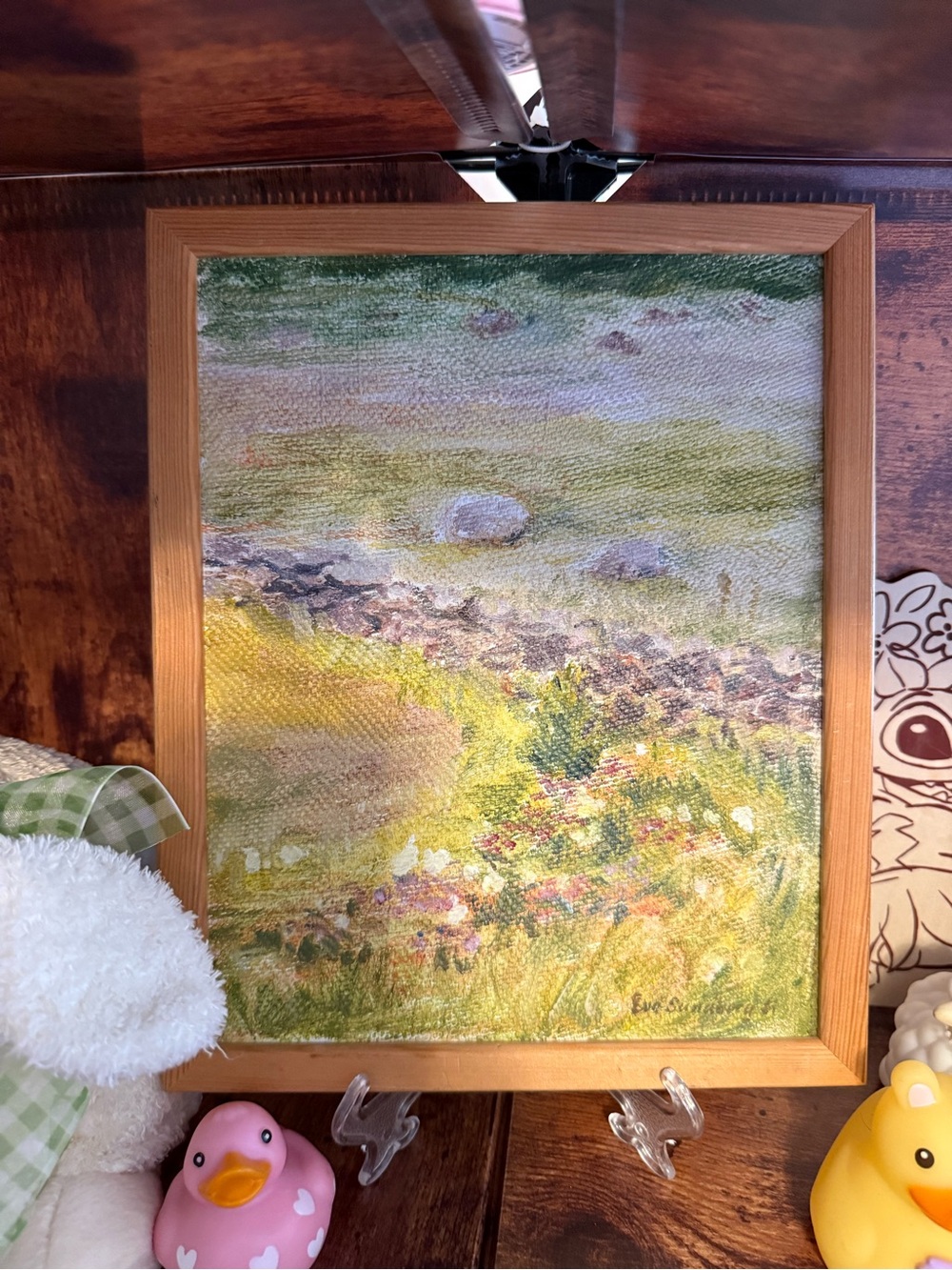 Signed Vintage Framed Pastoral Painting in Green and Yellow
